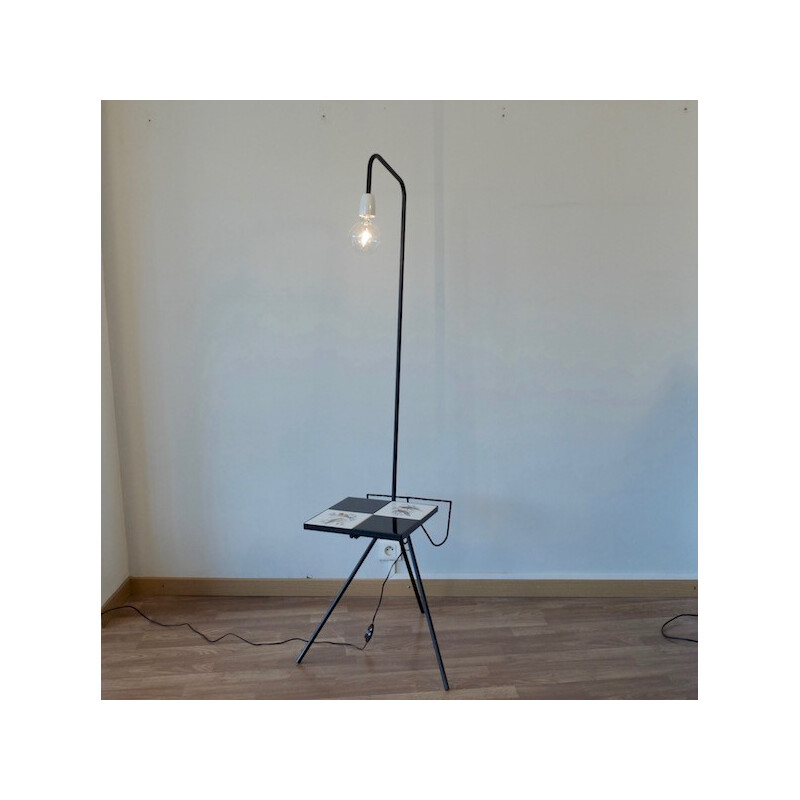 Metal tripod floor lamp with ceramic tiles shelf - 1960s