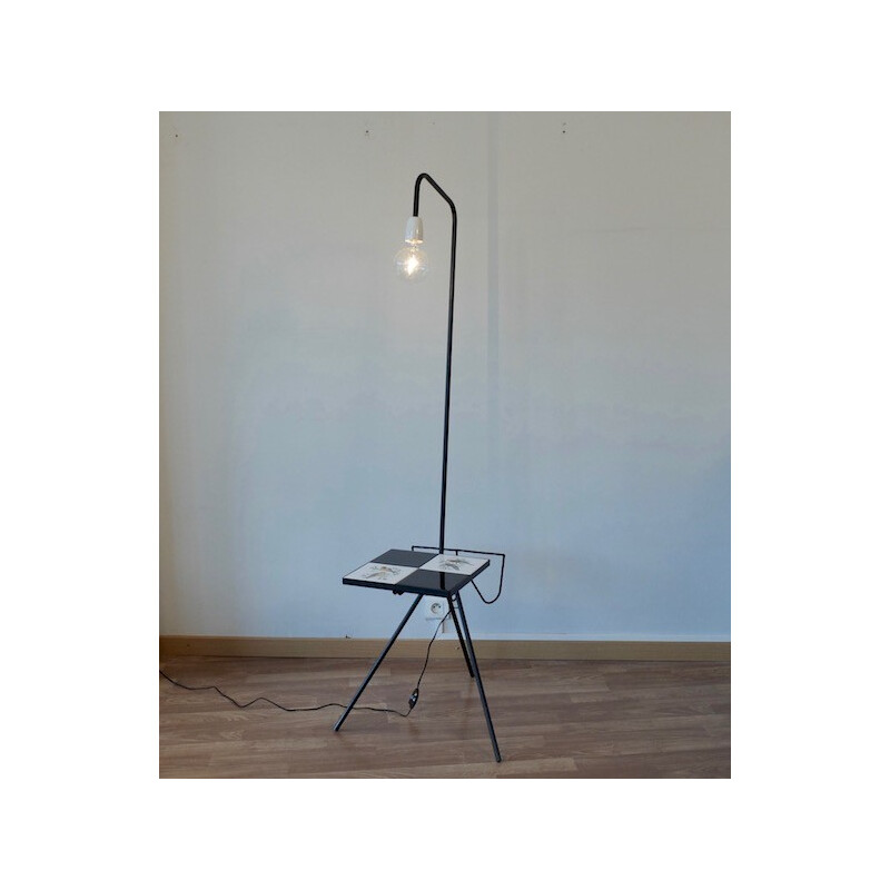 Metal tripod floor lamp with ceramic tiles shelf - 1960s