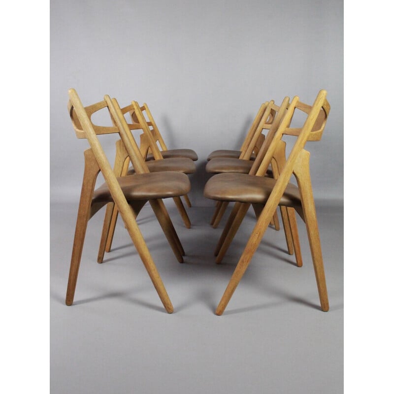 Ensemble de 6 chaises vintage Sawbuck Ch29 par Hans J Wegner pour Carl Hansen and Son, Danemark 1950