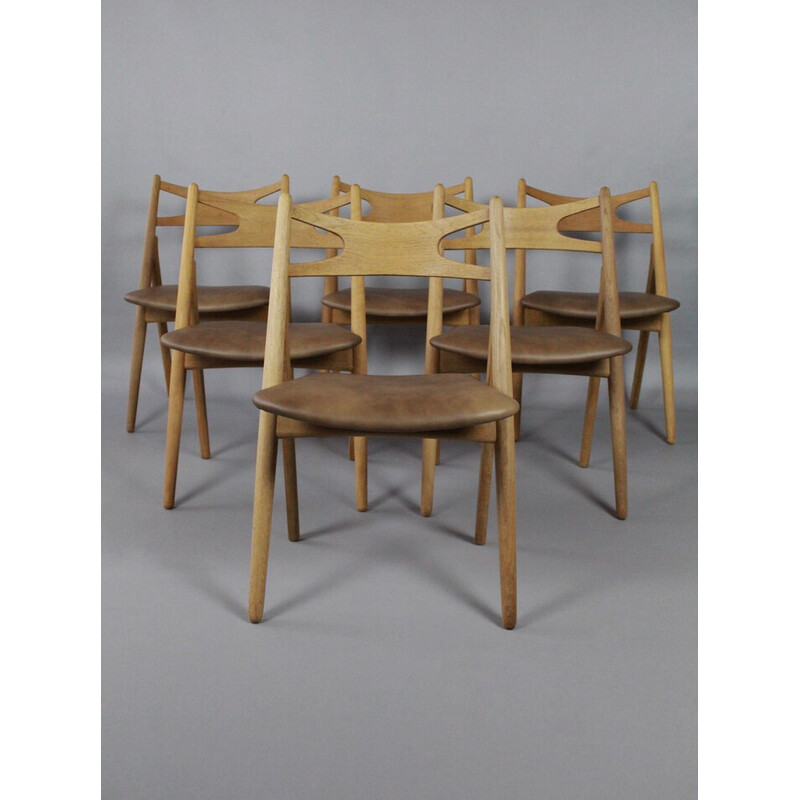 Ensemble de 6 chaises vintage Sawbuck Ch29 par Hans J Wegner pour Carl Hansen and Son, Danemark 1950