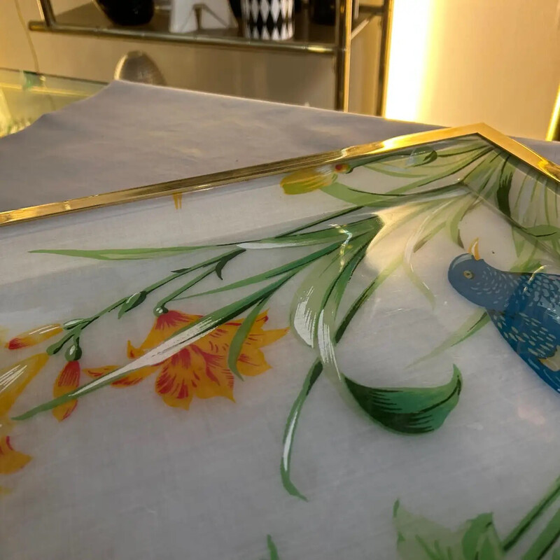 Vintage brass and Lucite tray with flowers and wildlife, Italy 1980