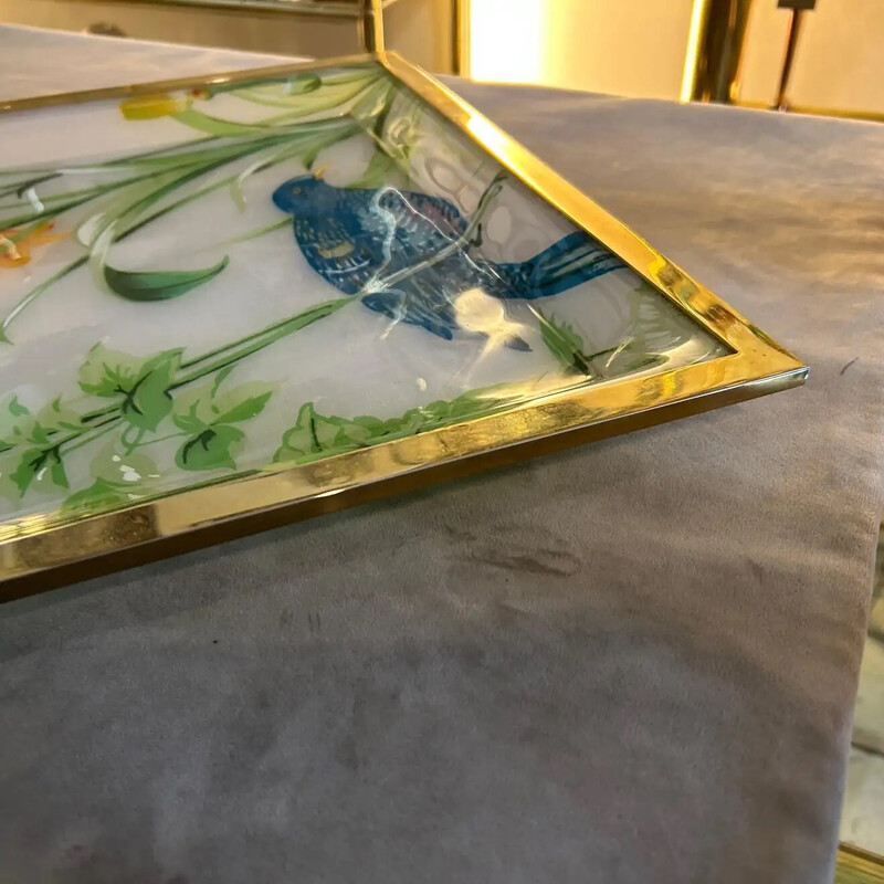Vintage brass and Lucite tray with flowers and wildlife, Italy 1980