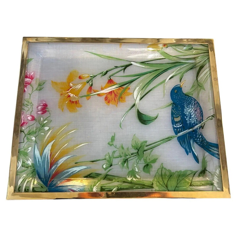 Vintage brass and Lucite tray with flowers and wildlife, Italy 1980