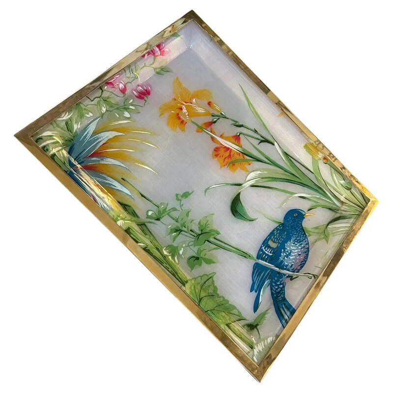 Vassoio vintage in ottone e lucite con fiori e animali selvatici, Italia 1980