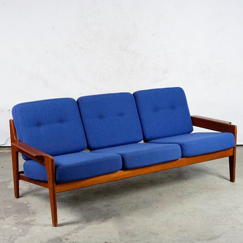 Vintage Scandinavian sofa in teak and blue fabric by A.W. Iversen for Komfort, Denmark 1960
