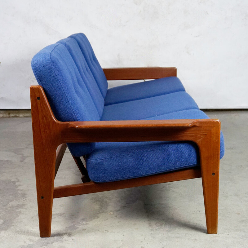 Vintage Scandinavian sofa in teak and blue fabric by A.W. Iversen for Komfort, Denmark 1960