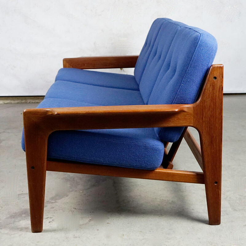 Vintage Scandinavian sofa in teak and blue fabric by A.W. Iversen for Komfort, Denmark 1960