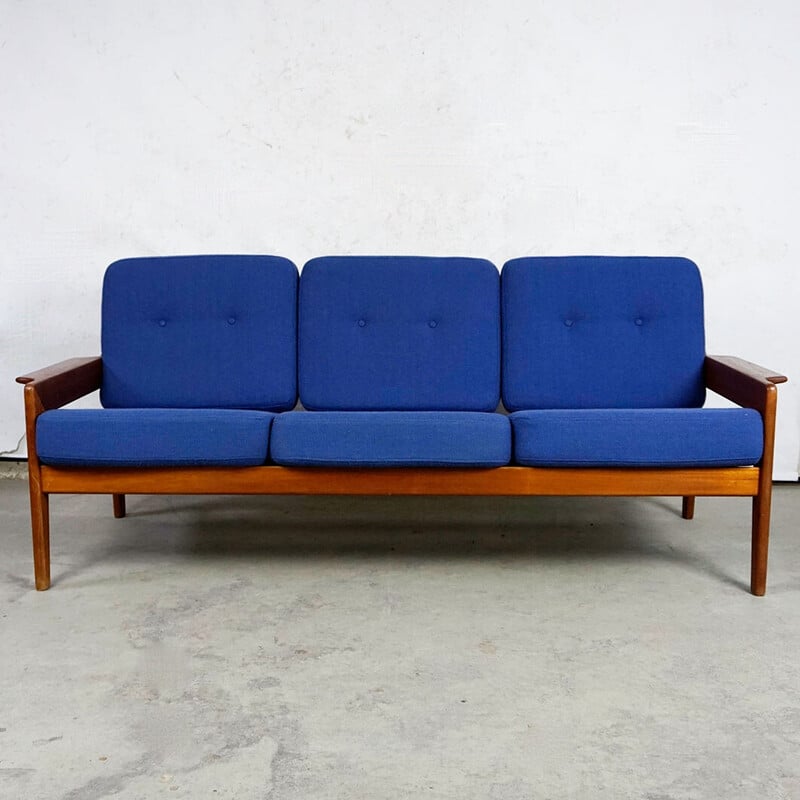 Skandinavisches Vintage-Sofa aus Teakholz und blauem Stoff von A.W. Iversen für Komfort, Dänemark 1960