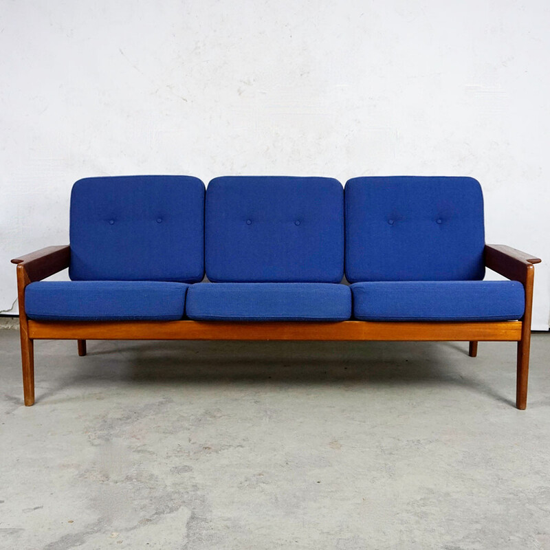 Vintage Scandinavian sofa in teak and blue fabric by A.W. Iversen for Komfort, Denmark 1960