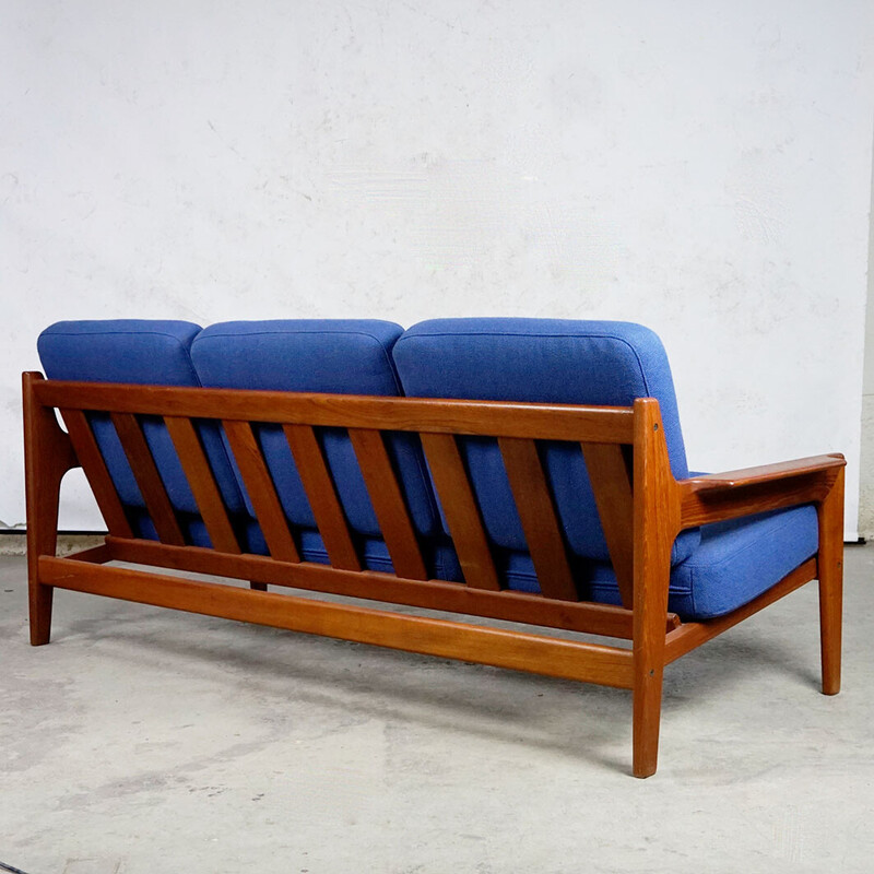 Vintage Scandinavian sofa in teak and blue fabric by A.W. Iversen for Komfort, Denmark 1960