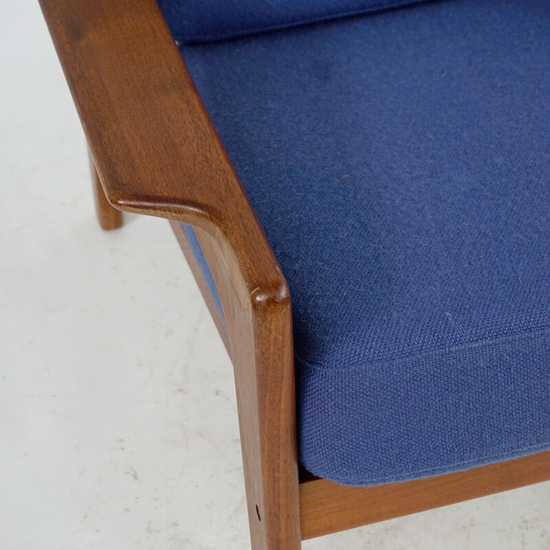 Vintage Scandinavian armchair in teak and blue fabric by A.W. Iversen for Komfort, 1960