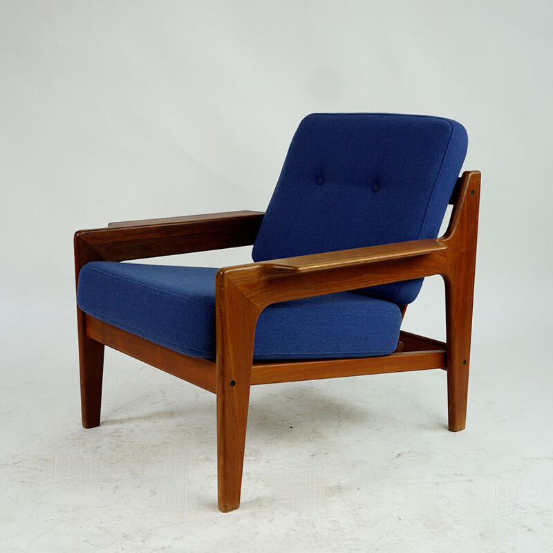 Vintage Scandinavian armchair in teak and blue fabric by A.W. Iversen for Komfort, 1960
