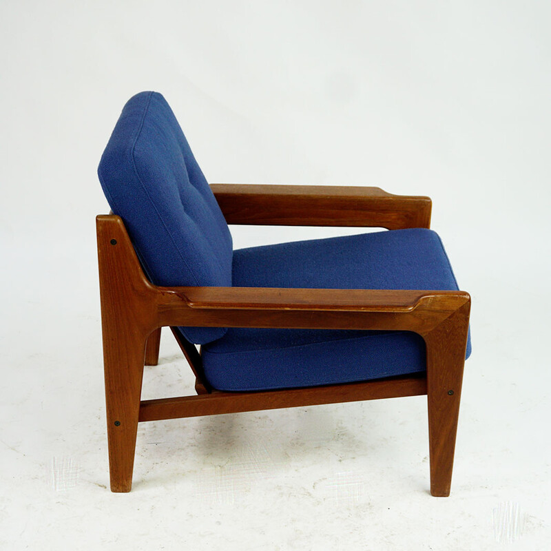 Sillón escandinavo vintage en teca y tela azul de A.W. Iversen para Komfort, 1960