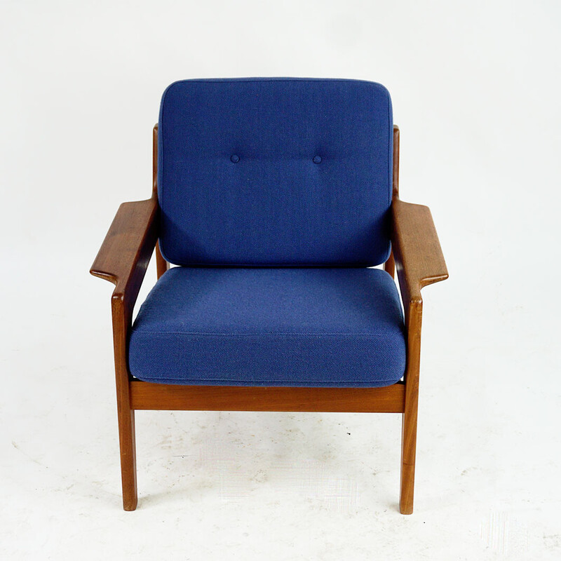 Vintage Scandinavian armchair in teak and blue fabric by A.W. Iversen for Komfort, 1960