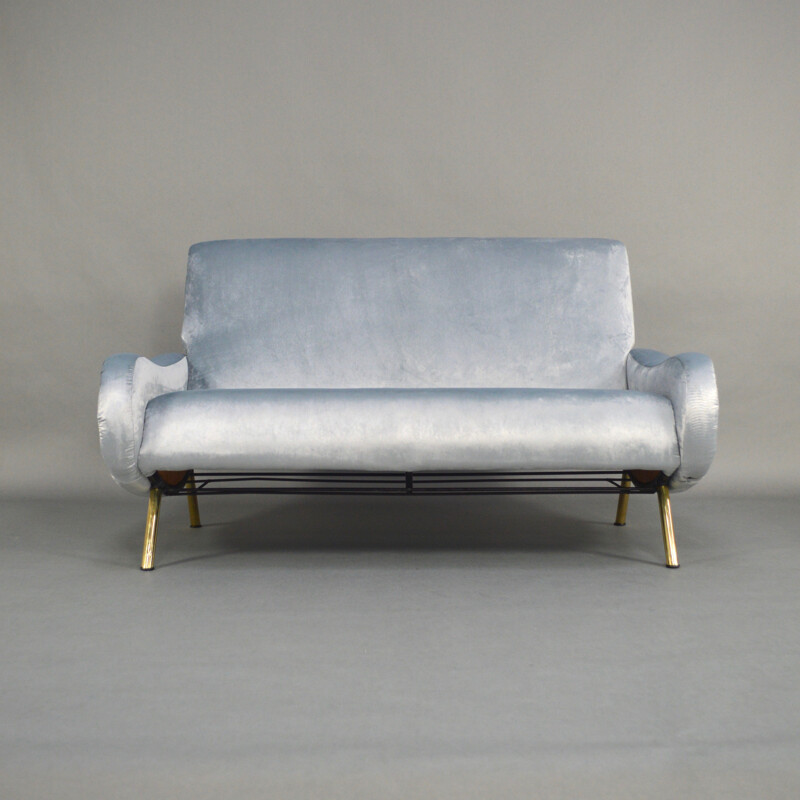 2-seater blue sofa in velvet and brass by Marco Zanuso produced by Arflex  - 1950s