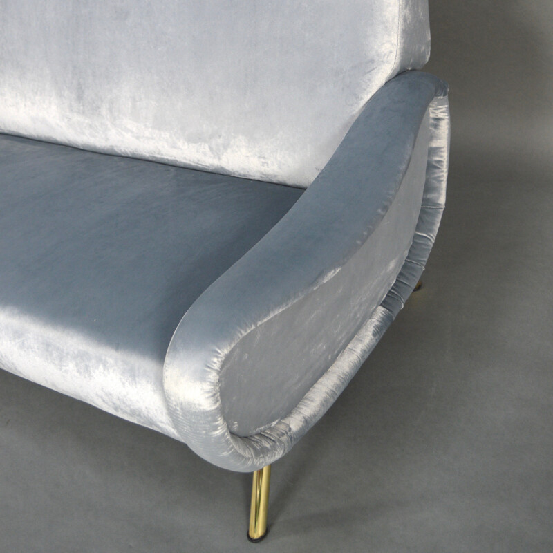 2-seater blue sofa in velvet and brass by Marco Zanuso produced by Arflex  - 1950s