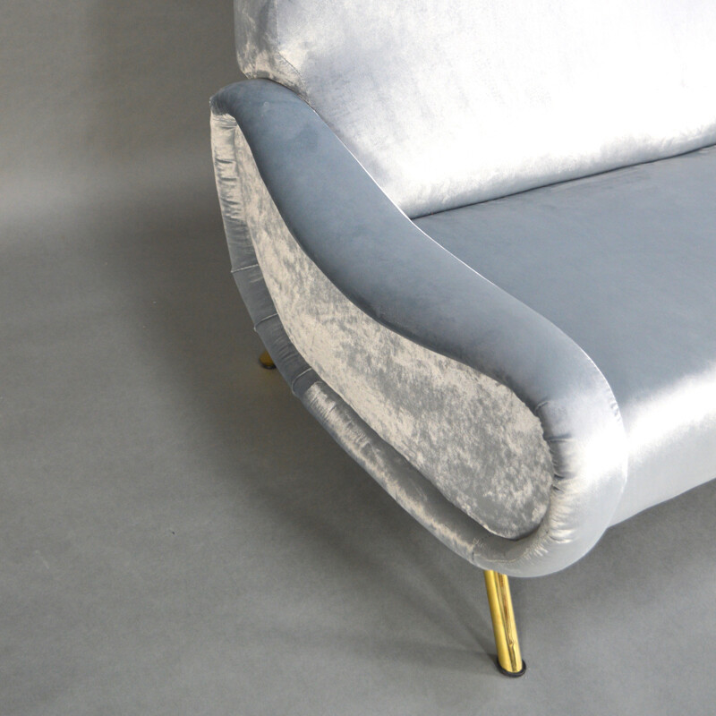 2-seater blue sofa in velvet and brass by Marco Zanuso produced by Arflex  - 1950s