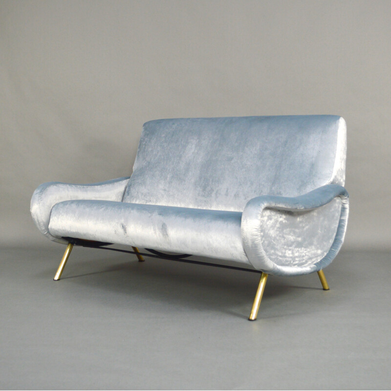 2-seater blue sofa in velvet and brass by Marco Zanuso produced by Arflex  - 1950s