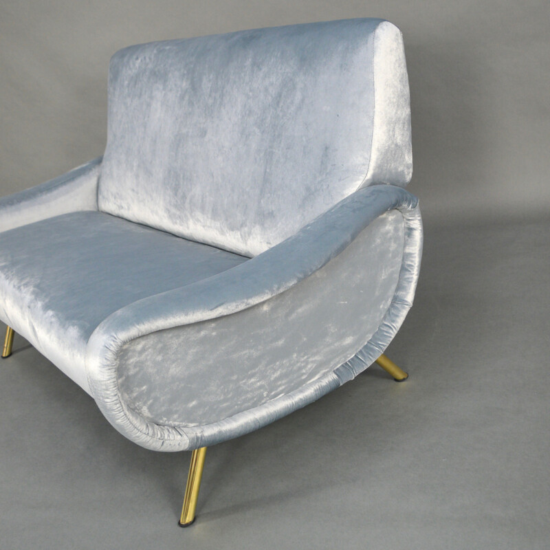 2-seater blue sofa in velvet and brass by Marco Zanuso produced by Arflex  - 1950s