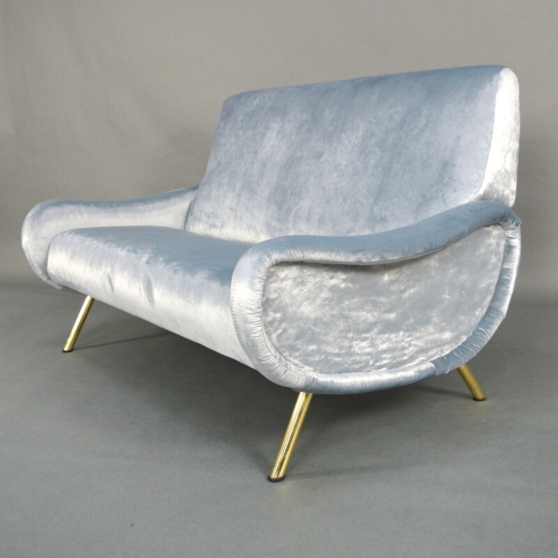 2-seater blue sofa in velvet and brass by Marco Zanuso produced by Arflex  - 1950s