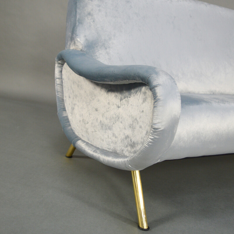 2-seater blue sofa in velvet and brass by Marco Zanuso produced by Arflex  - 1950s