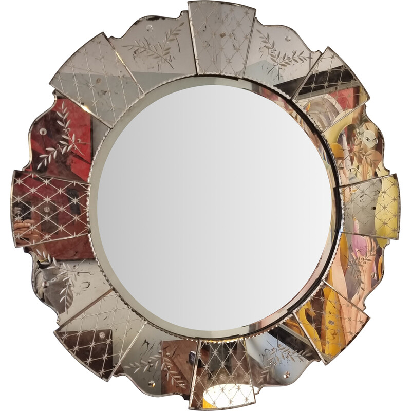 Specchio veneziano rotondo d'epoca in vetro inciso