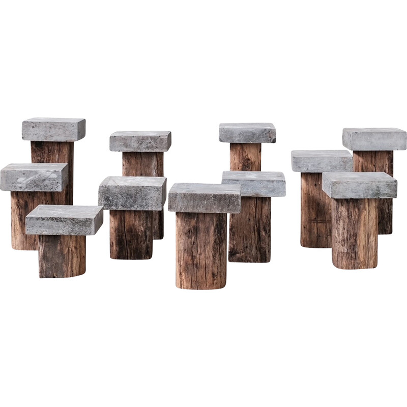 Set of 11 mid-century wooden and stone pedestals, France 1970s