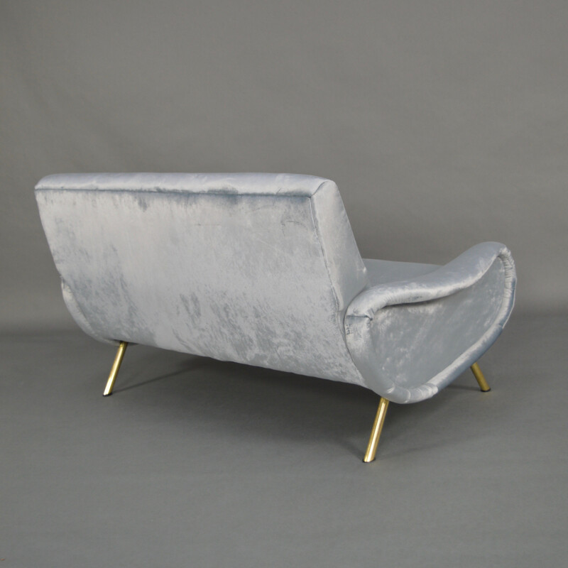 2-seater blue sofa in velvet and brass by Marco Zanuso produced by Arflex  - 1950s