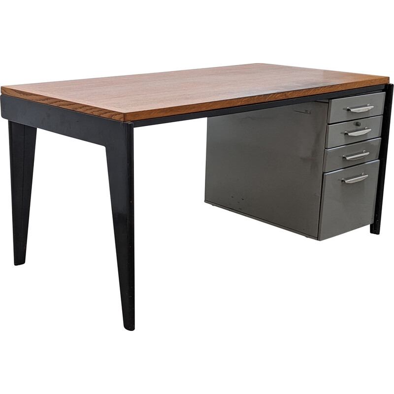 Bureau vintage en tôle d'acier et en chêne par Jean Prouvé, 1948