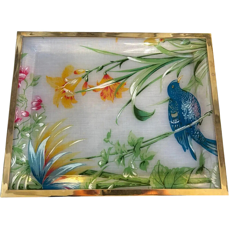 Vintage brass and Lucite tray with flowers and wildlife, Italy 1980