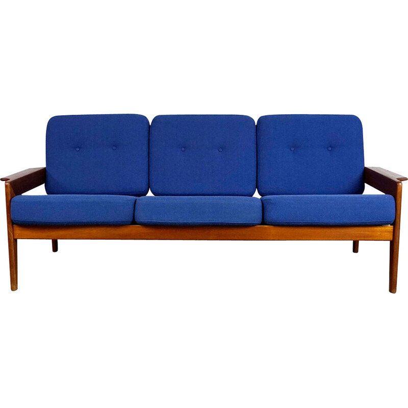 Vintage Scandinavian sofa in teak and blue fabric by A.W. Iversen for Komfort, Denmark 1960