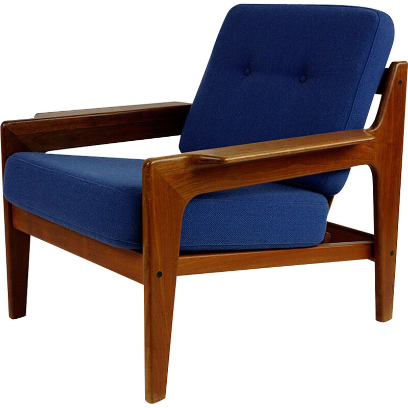 Fauteuil scandinave vintage en teck et tissu bleu par A.W. Iversen pour Komfort, 1960