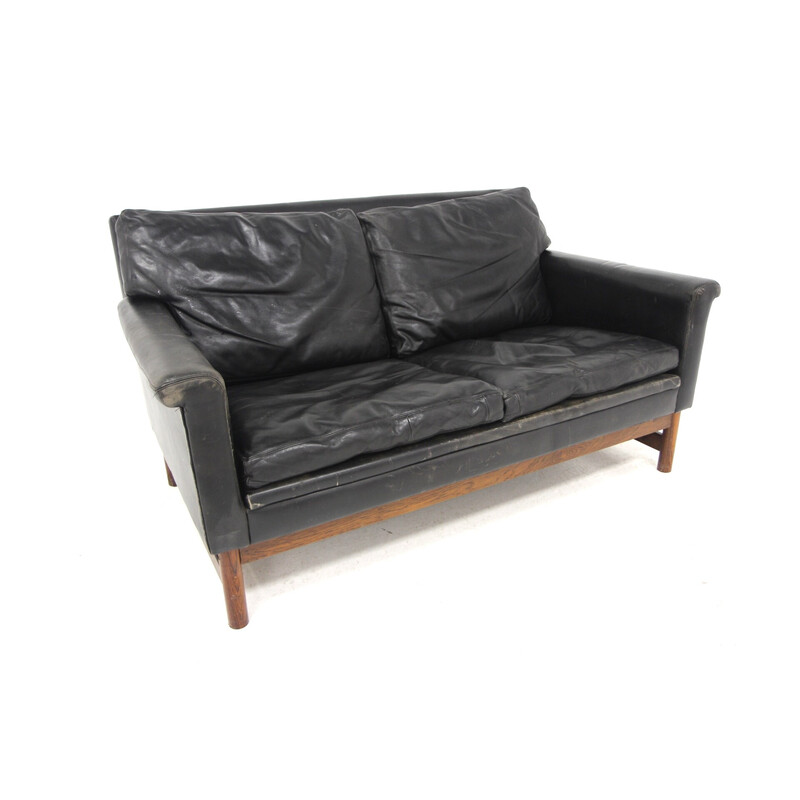 Scandinavian vintage sofa in leather and rosewood, Sweden 1950