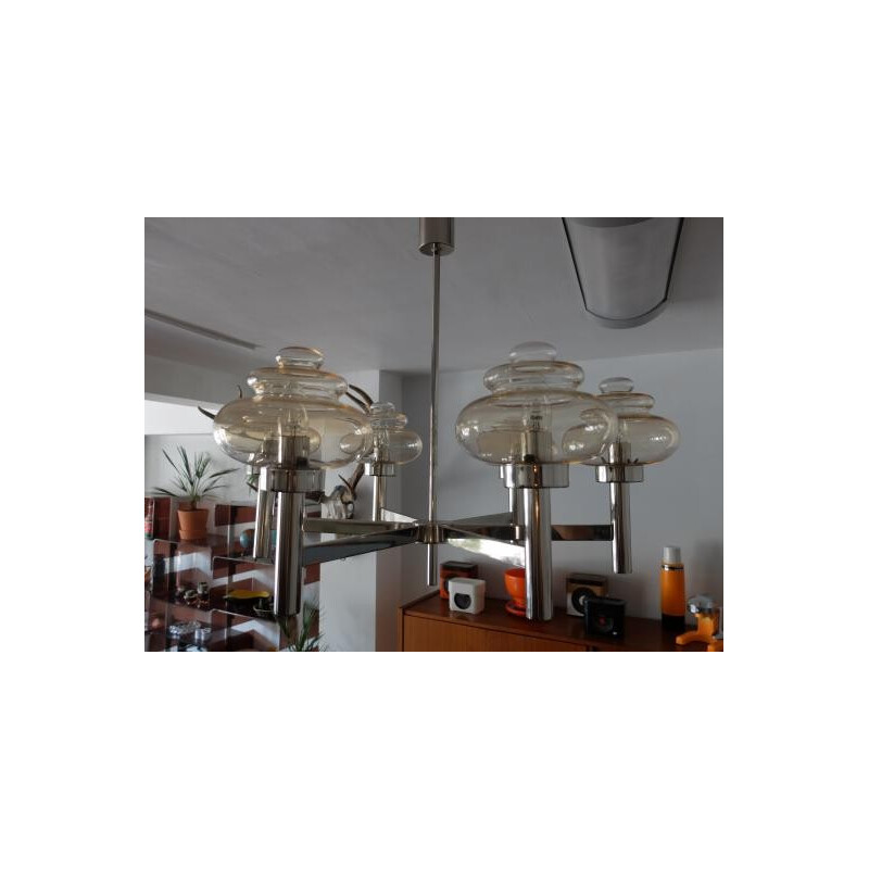 Chromed and smoked glass 6-branches chandelier - 1960s