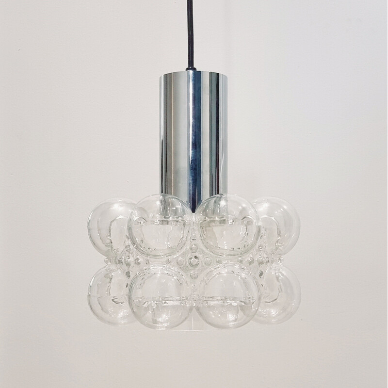 Lámpara colgante de vidrio burbuja y cromo de mediados de siglo, Helena Tynell para Limburg, Alemania Años 60