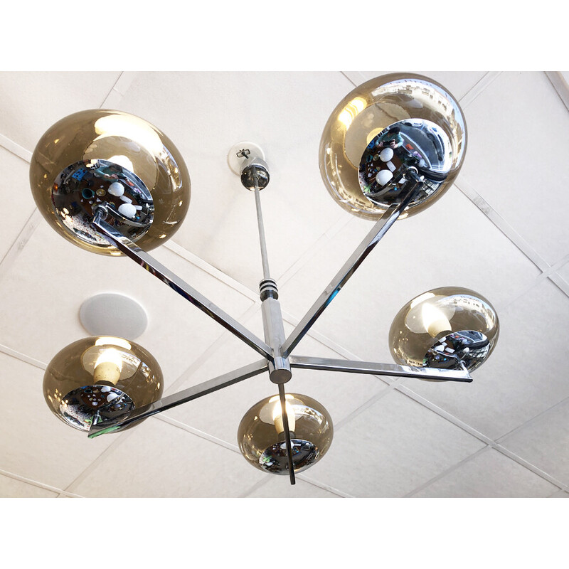 Vintage chrome and brown smoked glass chandelier by Sciolari, Italy 1970