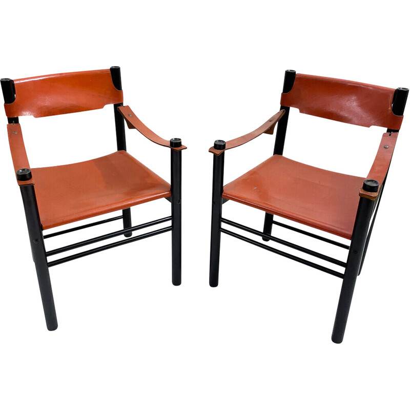 Paire de fauteuils vintage - cuir bois
