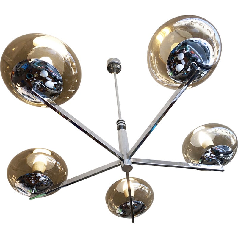 Vintage chrome and brown smoked glass chandelier by Sciolari, Italy 1970