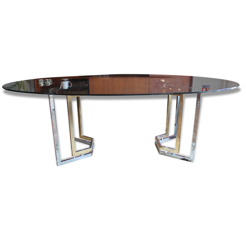 Roche Bobois smoked glass dining table, chrome and brass - 1970s