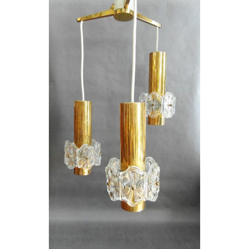 Vintage adjustable Kinkeldey 3-spotlight hanging lamp in gold brass and crystal, 1970