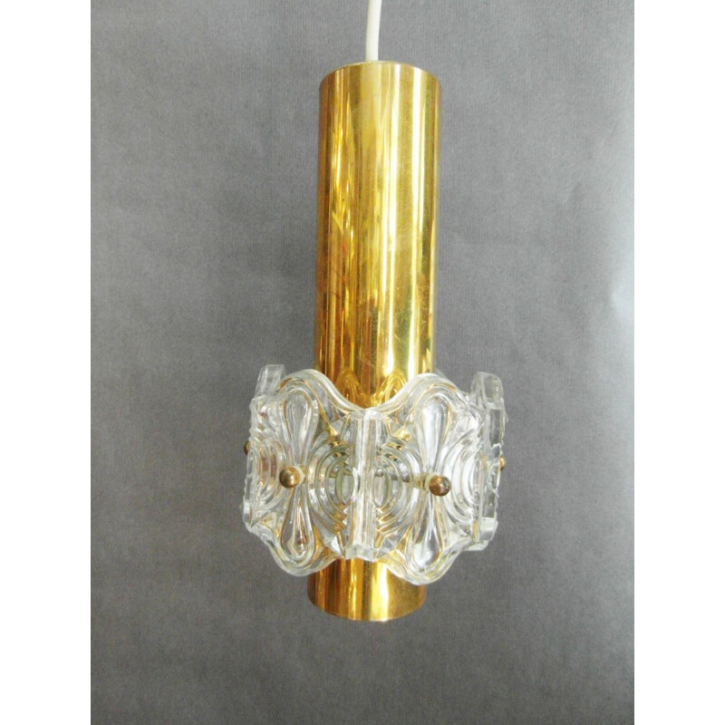 Vintage adjustable Kinkeldey 3-spotlight hanging lamp in gold brass and crystal, 1970