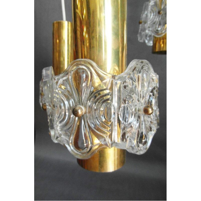 Vintage adjustable Kinkeldey 3-spotlight hanging lamp in gold brass and crystal, 1970