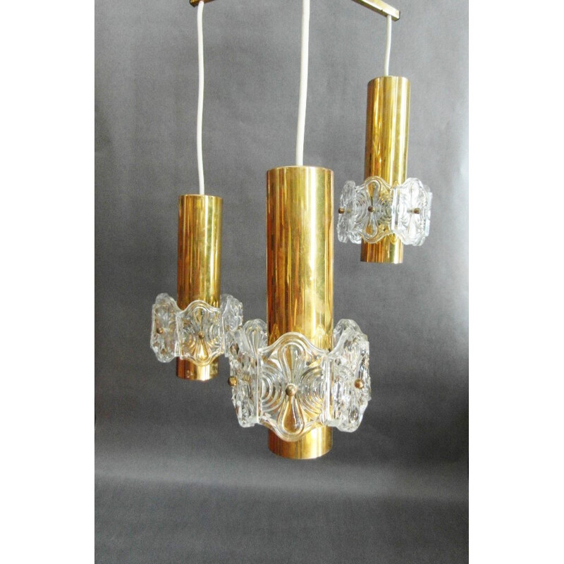 Vintage adjustable Kinkeldey 3-spotlight hanging lamp in gold brass and crystal, 1970