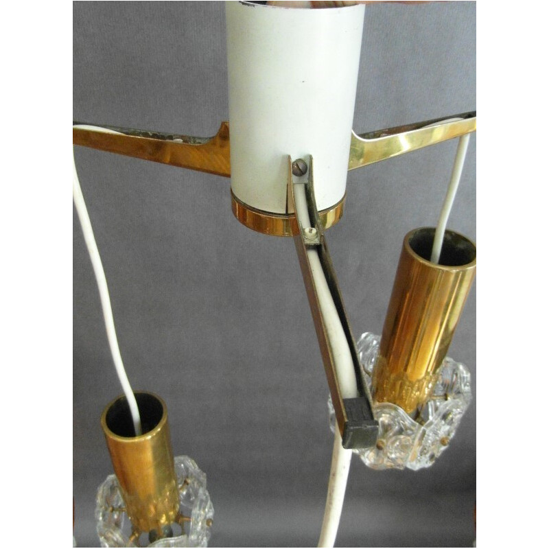 Vintage adjustable Kinkeldey 3-spotlight hanging lamp in gold brass and crystal, 1970