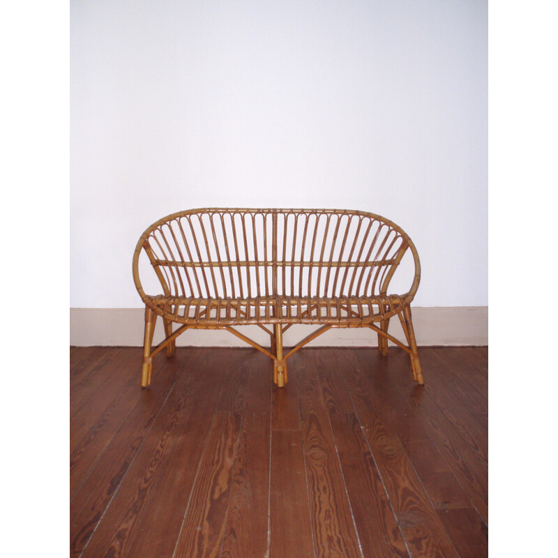 Rattan and bamboo 2 seater bench in basket shape - 1960s