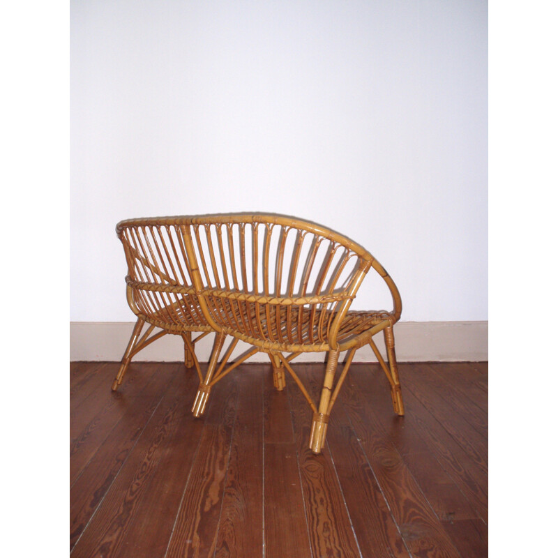 Rattan and bamboo 2 seater bench in basket shape - 1960s