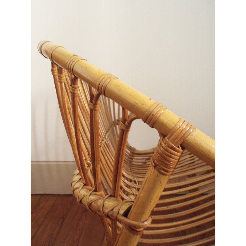 Rattan and bamboo 2 seater bench in basket shape - 1960s