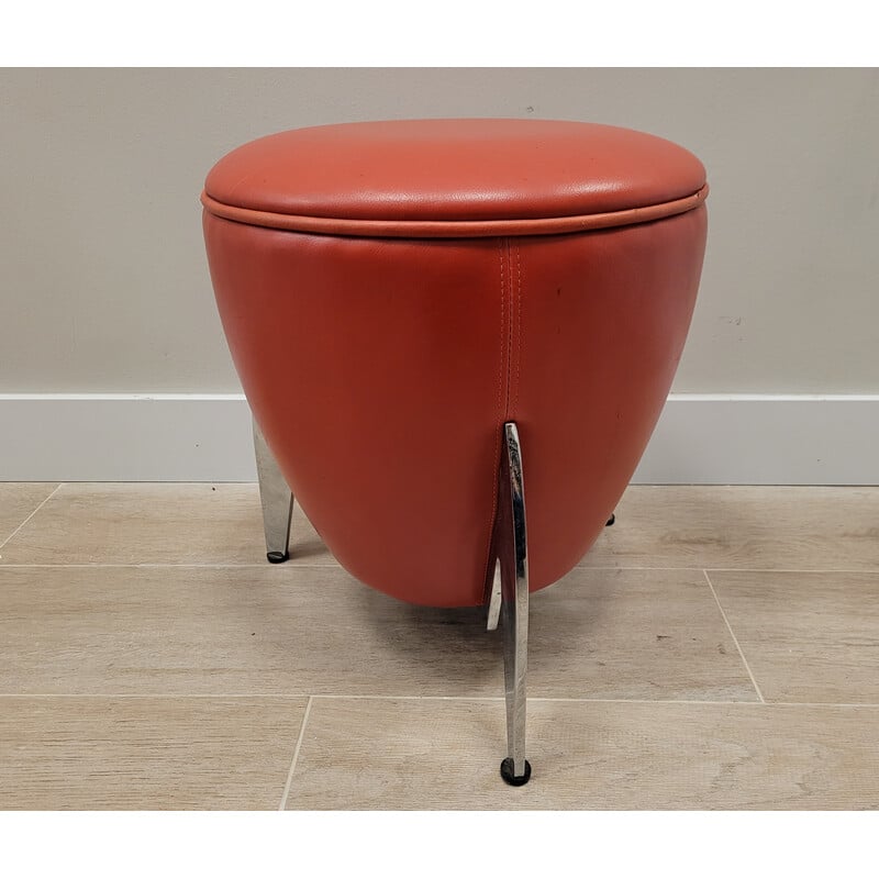 Vintage Space Age red leather and chromed steel footrest, Italy 1970s
