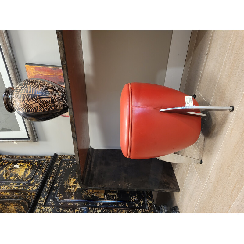 Vintage Space Age red leather and chromed steel footrest, Italy 1970s