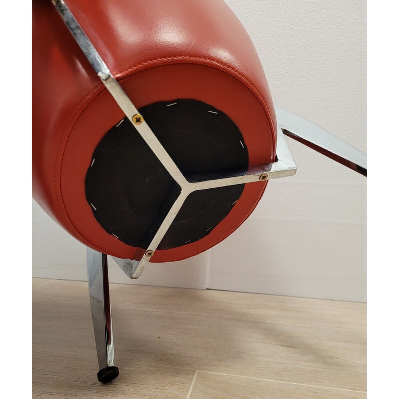 Vintage Space Age red leather and chromed steel footrest, Italy 1970s